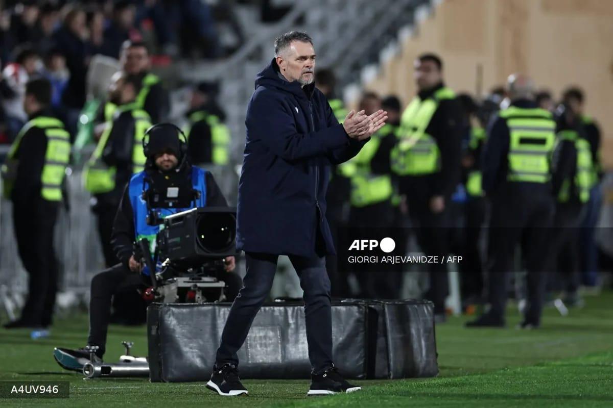 Georgia's coach Willy Sagnol gestures from the sideline during a friendly match between Georgia and Israel in March 2026.