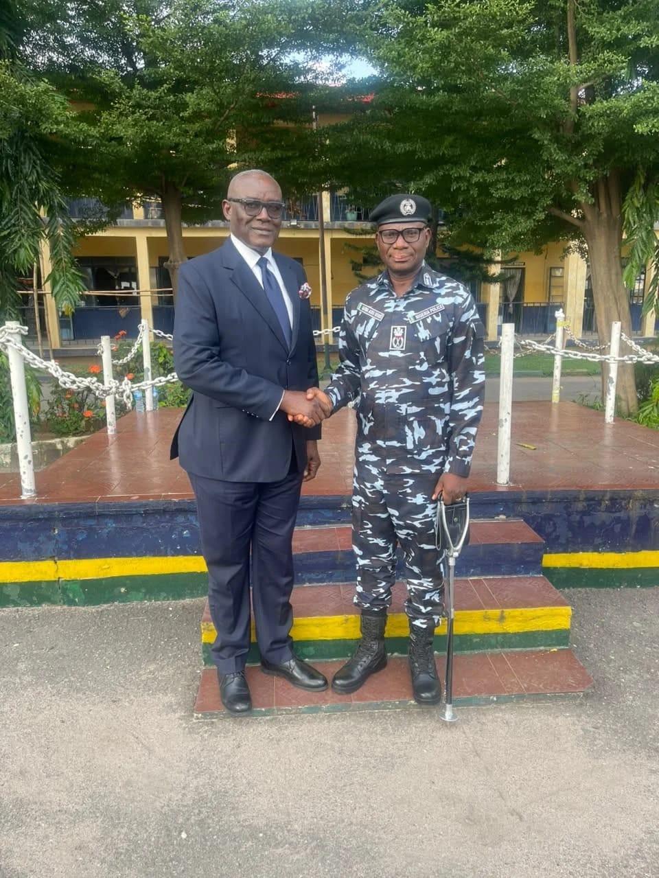 Imo State Commissioner of Police, Audu Garba Bosso, with the Imo State Resident Electoral Commissioner of INEC, Chukwuemeka Christopher, during their meeting.