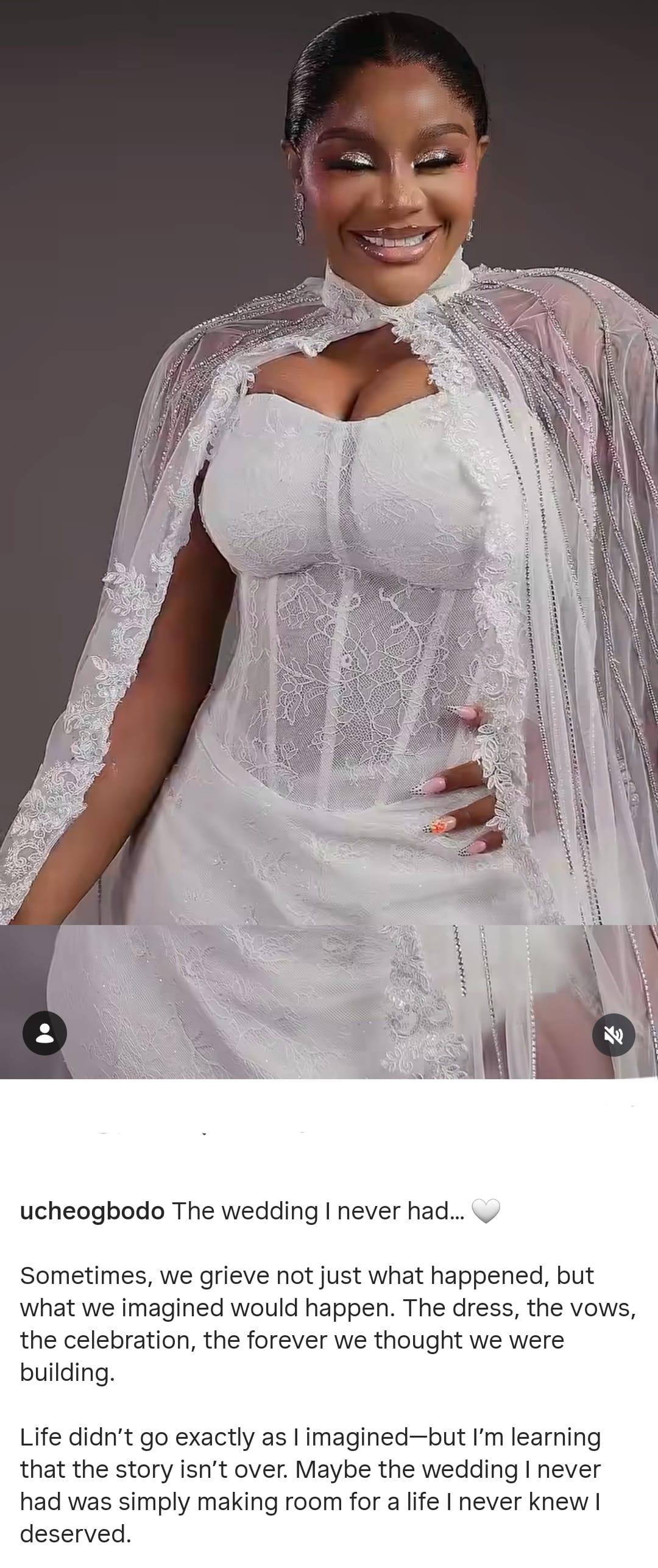 Actress Uche Ogbodo shares a moment in a bridal dress.