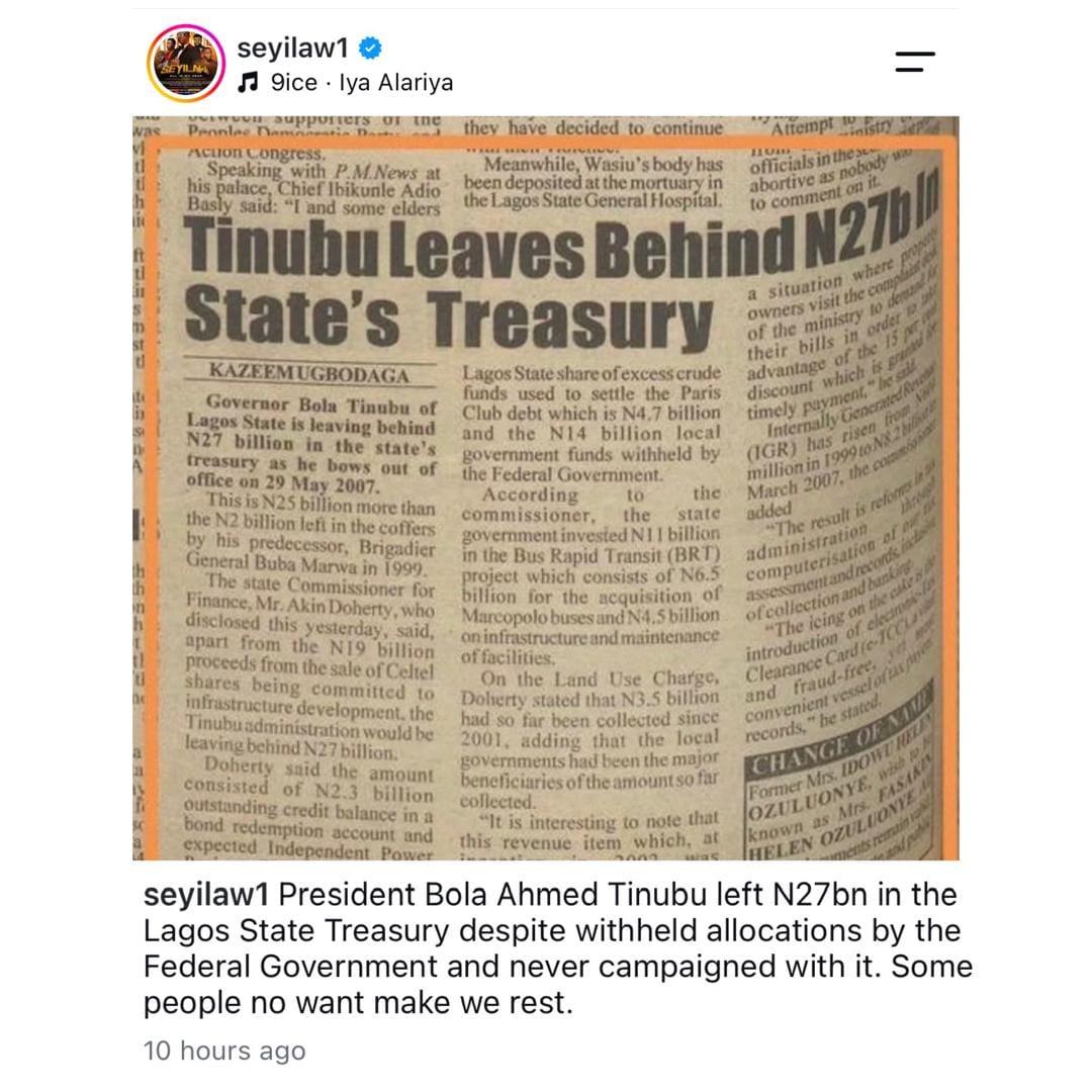 The old newspaper clipping shared by Seyi Law, reporting on Tinubu's financial legacy in Lagos.