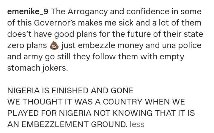 Nigeria is an embezzlement ground - Ex-footballer Emmanuel Emenike says as he calls out state governors