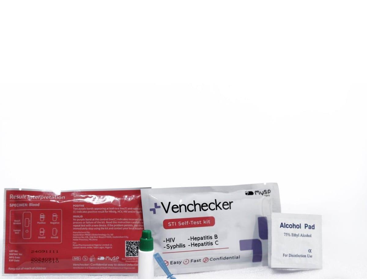 Product packaging or branding for 'Venchecker,' a private STI screening service.