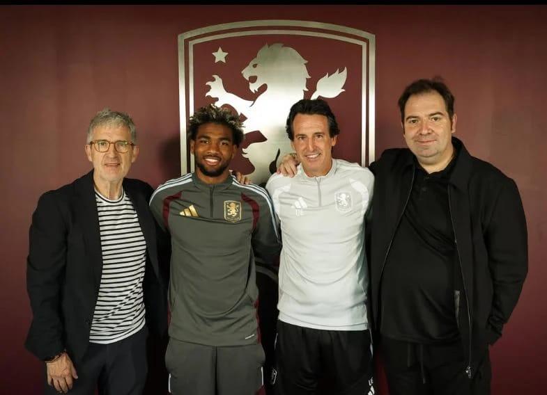 Mbaye posing in his new Aston Villa kit following the reported £47 million move from Paris Saint-Germain.