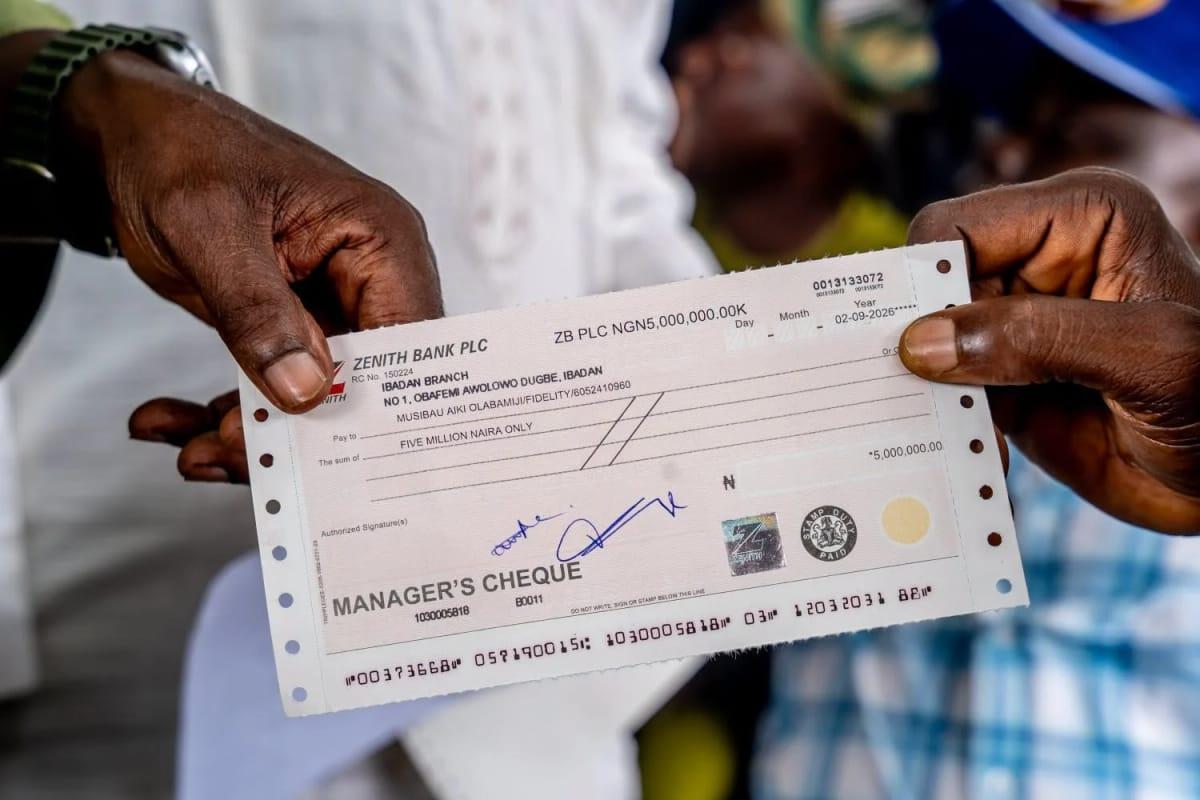 A section of the cheque presented as part of the N50 million relief fund for Oranyan Market fire victims.