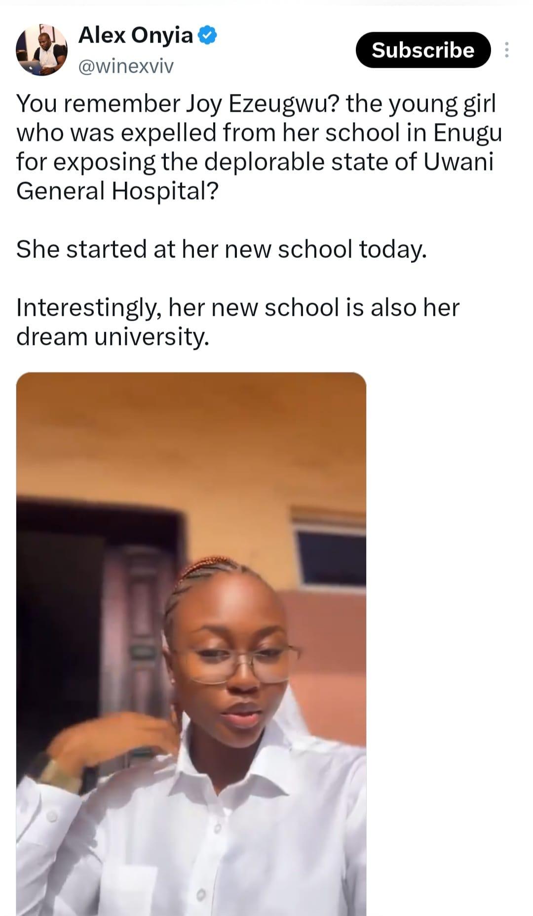 Joy Ezeugwu, who was suspended after exposing poor conditions at Uwani General Hospital, continues her nursing education.
