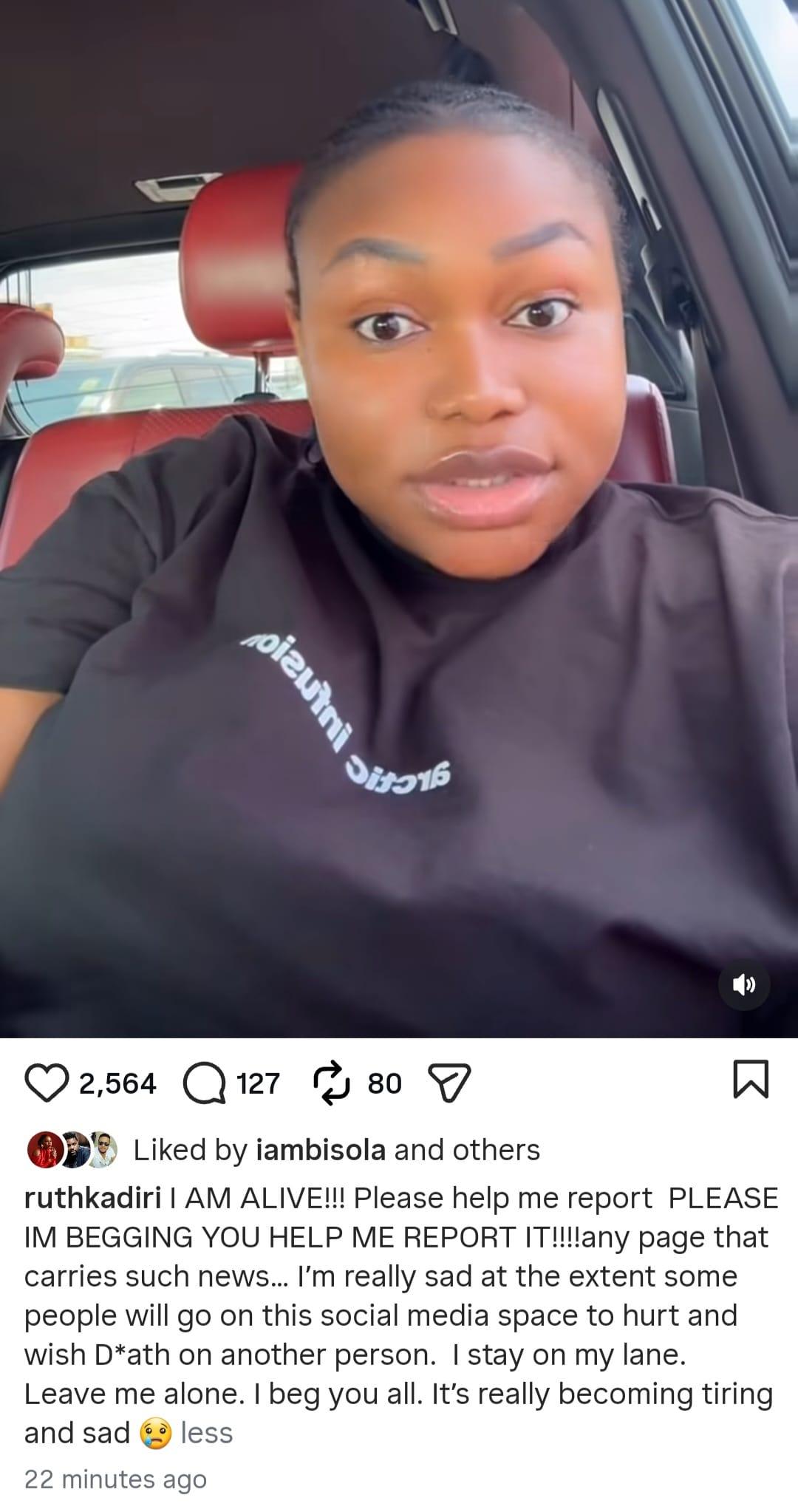 Ruth Kadiri addressing her fans in a video message.