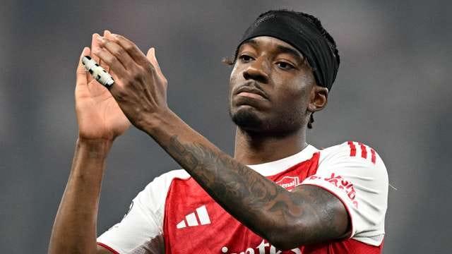 Noni Madueke in action for Arsenal during a UEFA Champions League match against Bayer 04 Leverkusen
