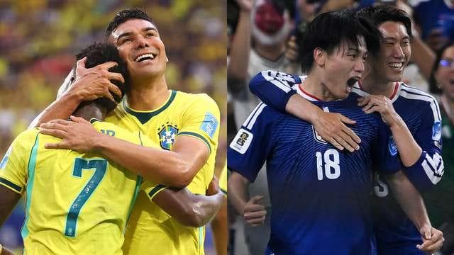 Brazil national team players during a friendly match against Japan.