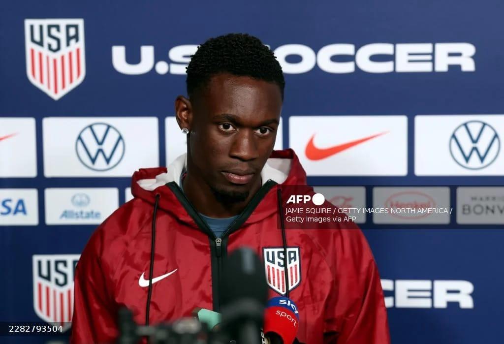 Folarin Balogun of the United States speaks to the media during a World Cup 2026 training session in California.