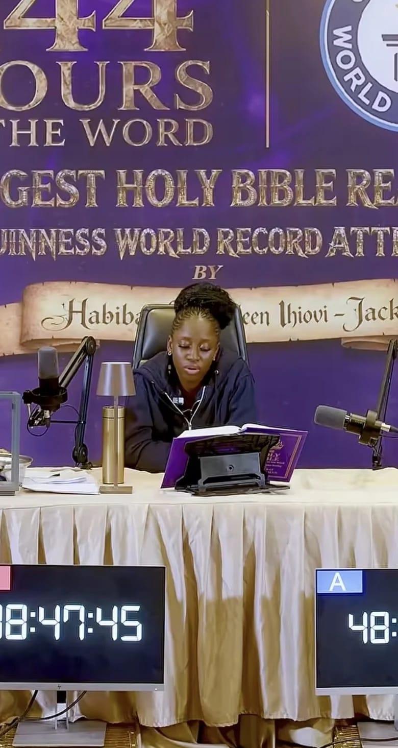 Habibat Salawudeen deep in her Bible reading marathon, aiming for 144 continuous hours.