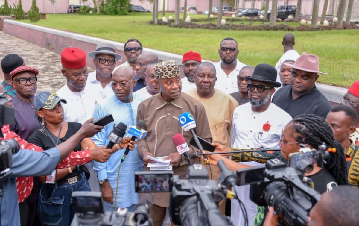 Professor Mkpa Agu Mkpa, the former Abia SSG and spokesperson for the endorsing group, addresses members of the press.