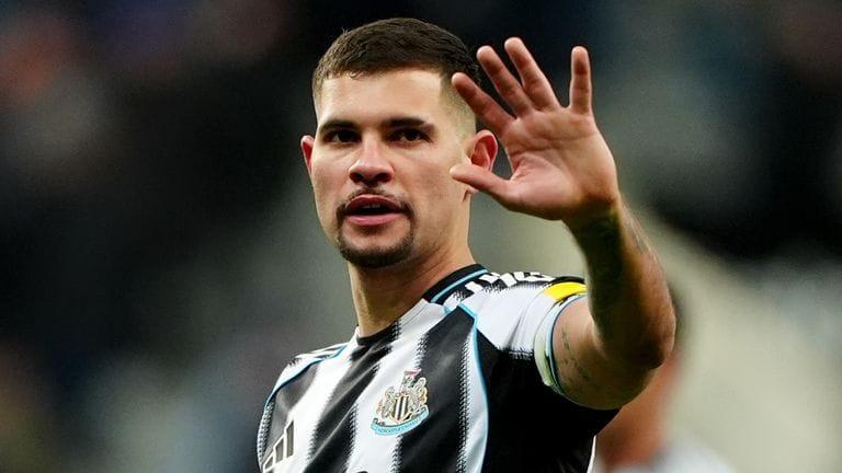 Bruno Guimaraes celebrating a goal for Newcastle United at St James' Park.