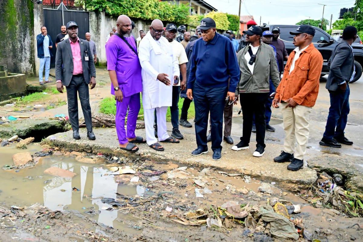 Governor Bassey Otu and his team inspecting flood-affected areas in Calabar, Cross River State.