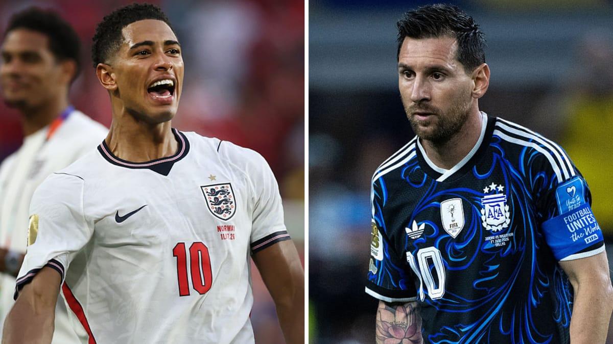 England's Jude Bellingham in the team's white kit and Argentina's Lionel Messi in their navy blue kit.
