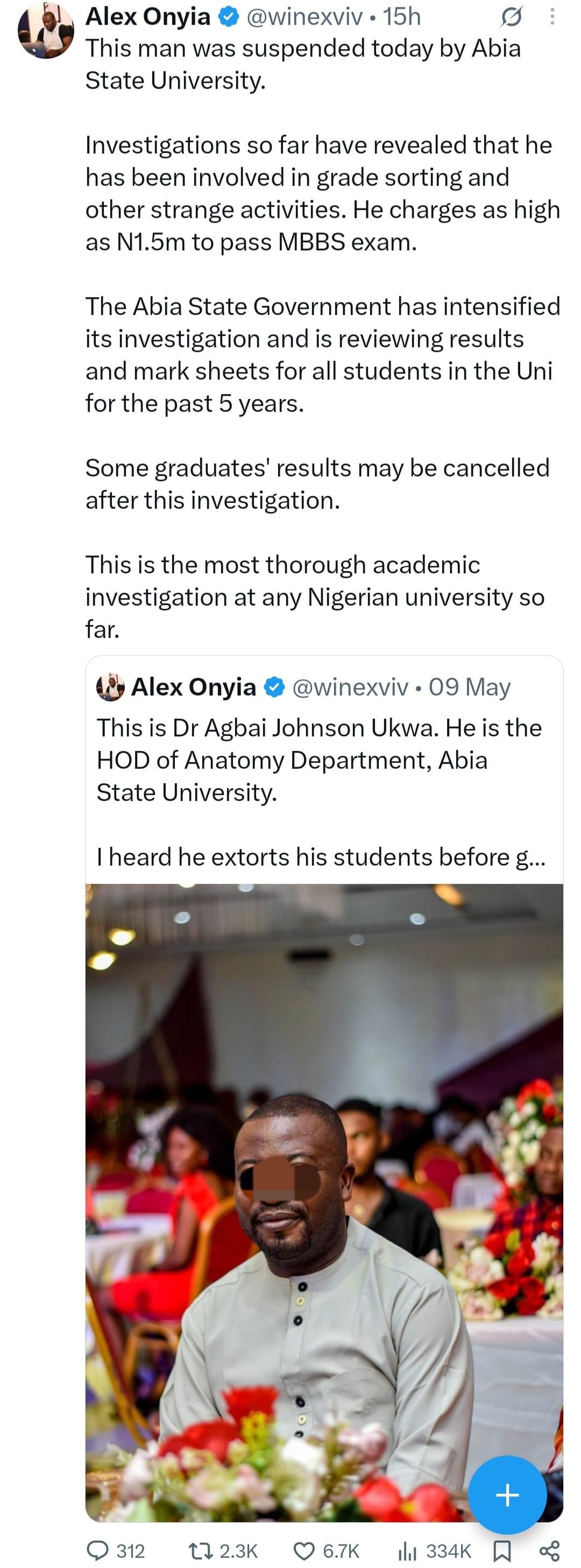 ABSU allegedly suspends Anatomy HOD for allegedly extorting millions from students to pass exams ? Educare CEO Alex Onyia