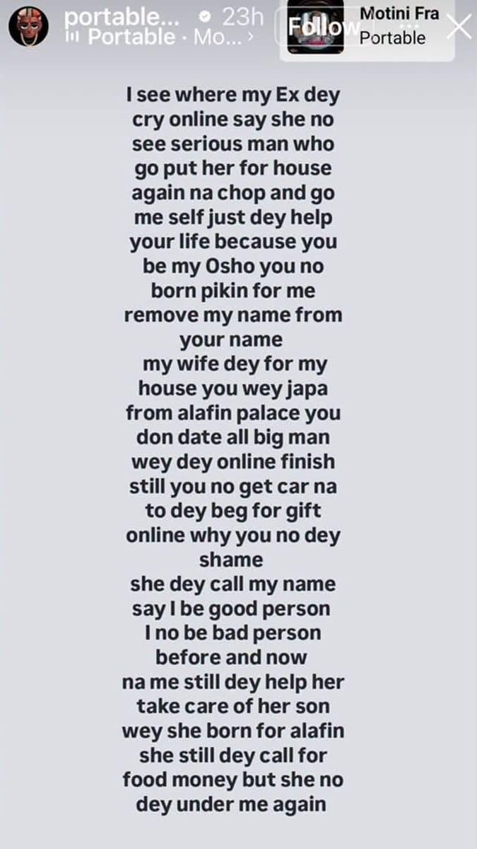 Singer Portable calls out ex-girlfriend Queen Dami on social media