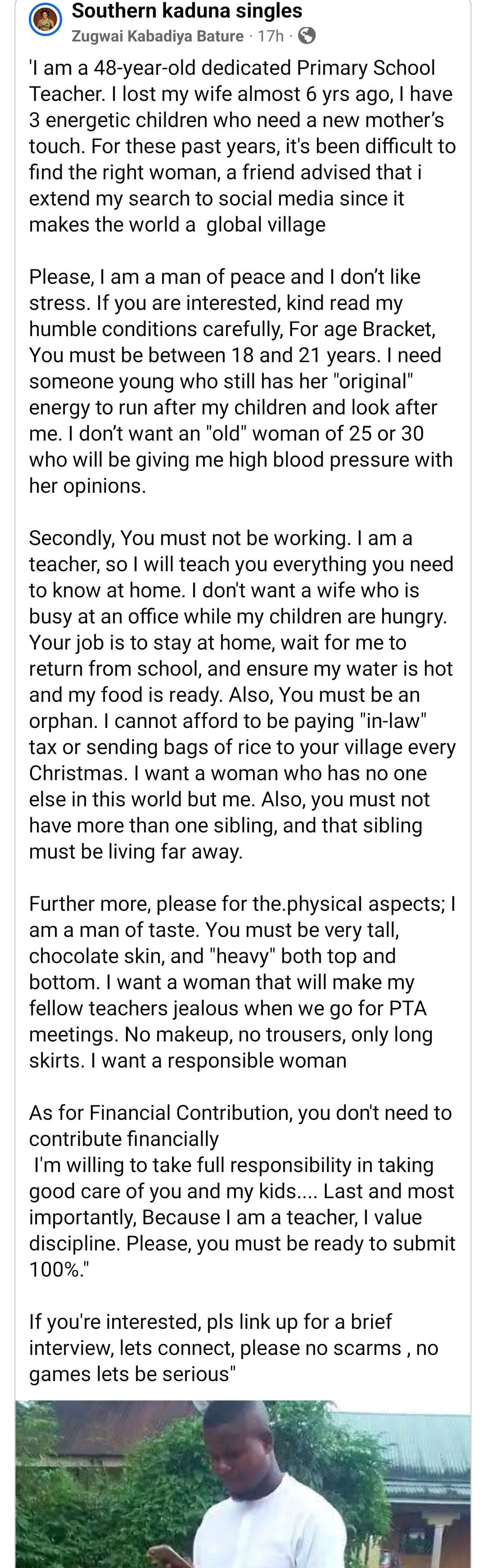 The teacher has listed stringent requirements for his potential wife