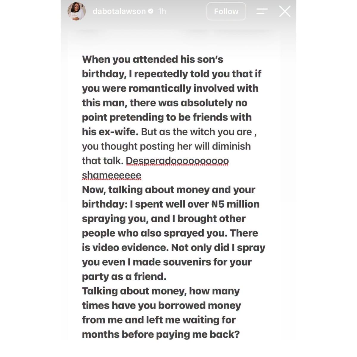 Dabota Lawson has warned Adeola Diiadem to stop the public attacks