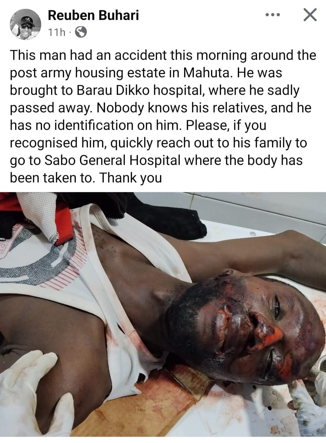 The deceased man whose family is being sought after a fatal accident in Kaduna.