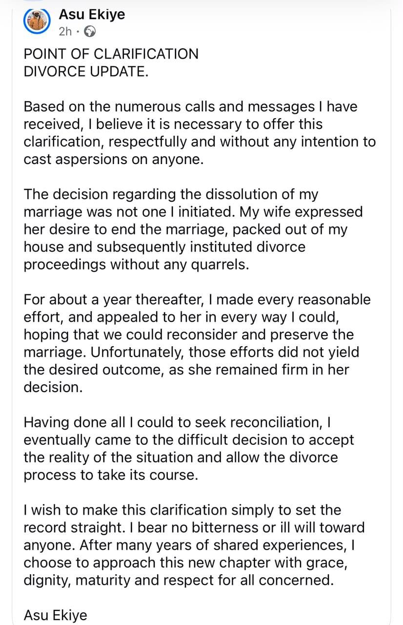 My wife moved out of my house and instituted divorce proceedings without any quarrels - Gospel singer, Asu Ekiye speaks about divorce