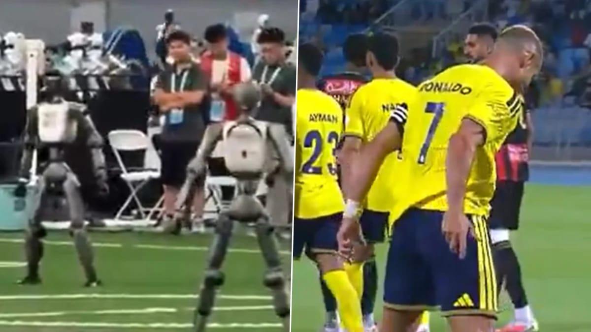 The humanoid robot performing the iconic 'Siuuu' celebration.