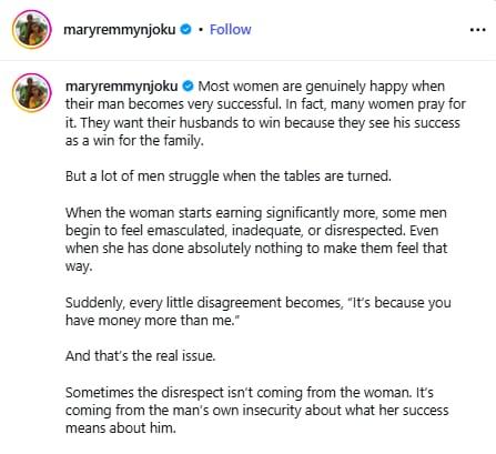 Actress Mary Remmy Njoku advocating for men to celebrate their wives' achievements.
