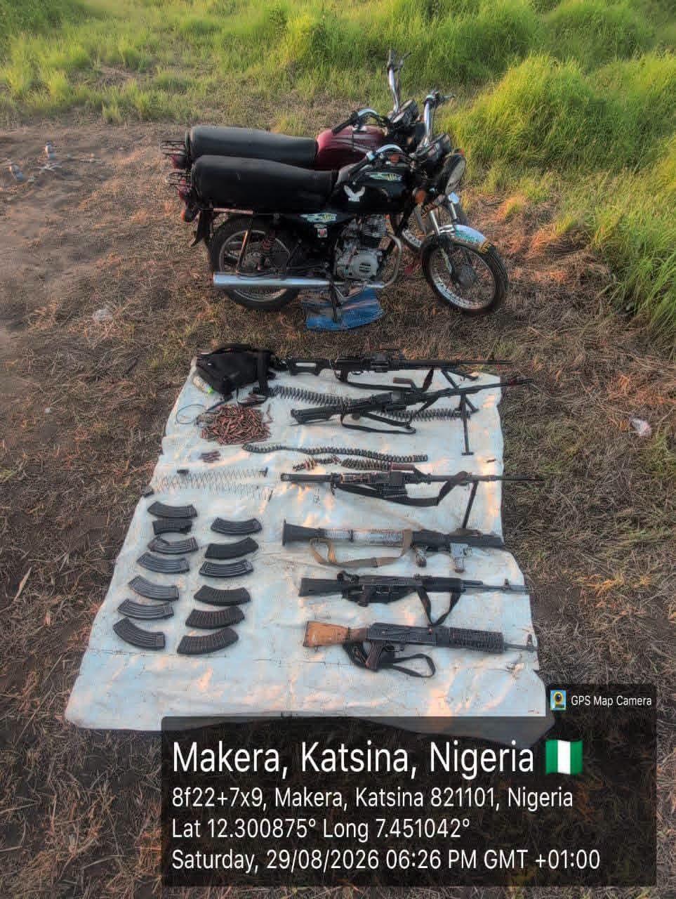 A view of some of the firearms and ammunition seized from terrorists in Matazu LGA.
