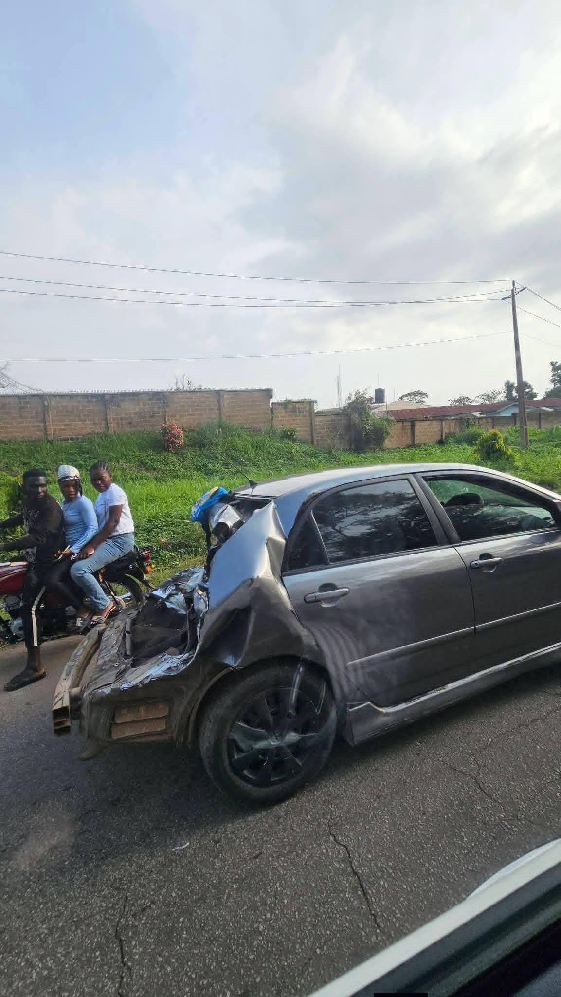 Federal Road Safety Corps officials managing the accident scene near Agodi Gardens.
