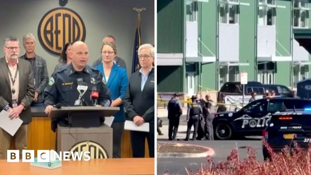 A split image showing a police briefing and law enforcement presence at the Oregon primary school following the shooting.