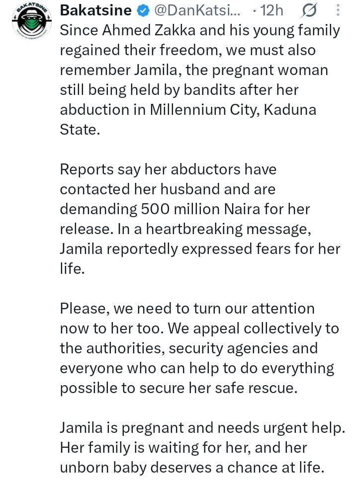 Bandits reportedly demand N500m ransom for pregnant woman abducted alongside couple and baby in Kaduna