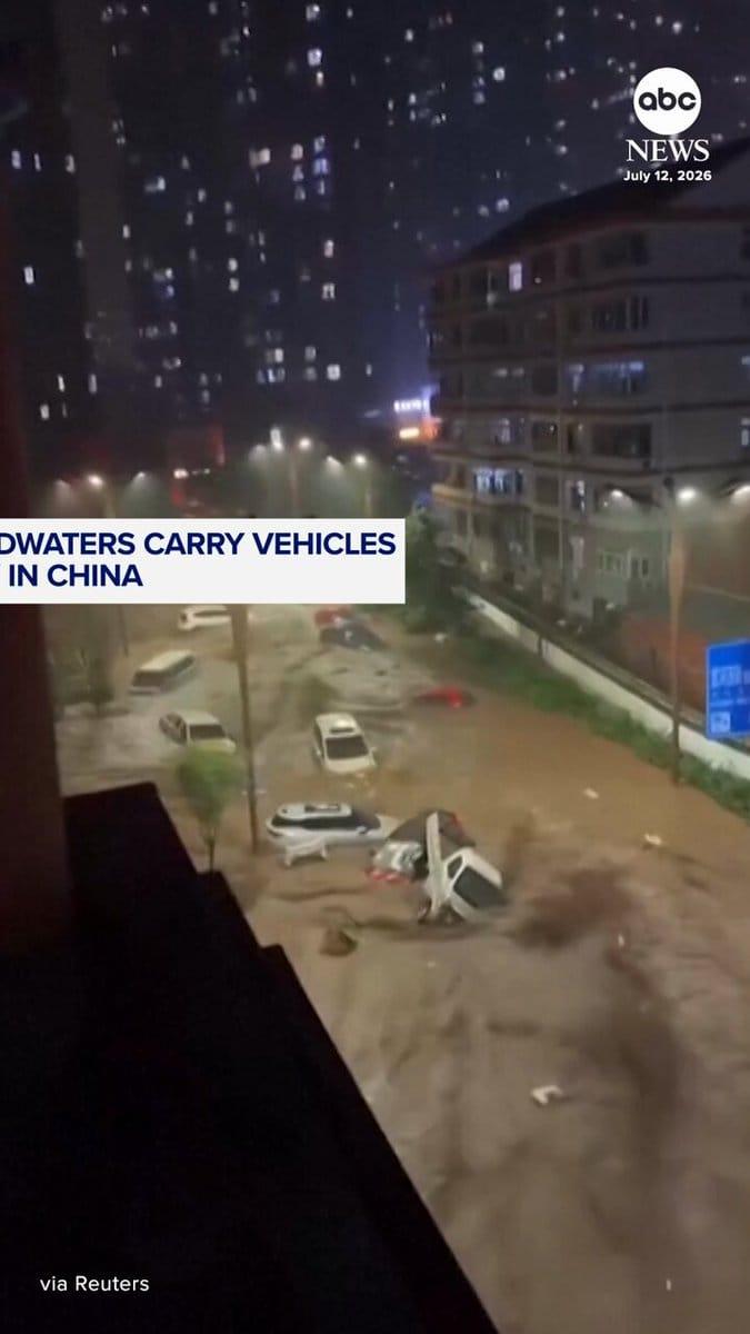 Eyewitness footage captured the moment floodwaters carried cars away in Chengde, Hebei province.
