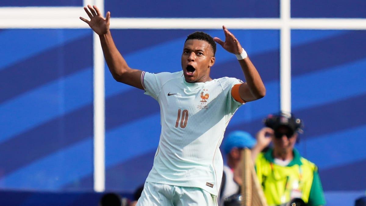 French football star Kylian Mbappé in action, a key player in the World Cup 2026 tournament.