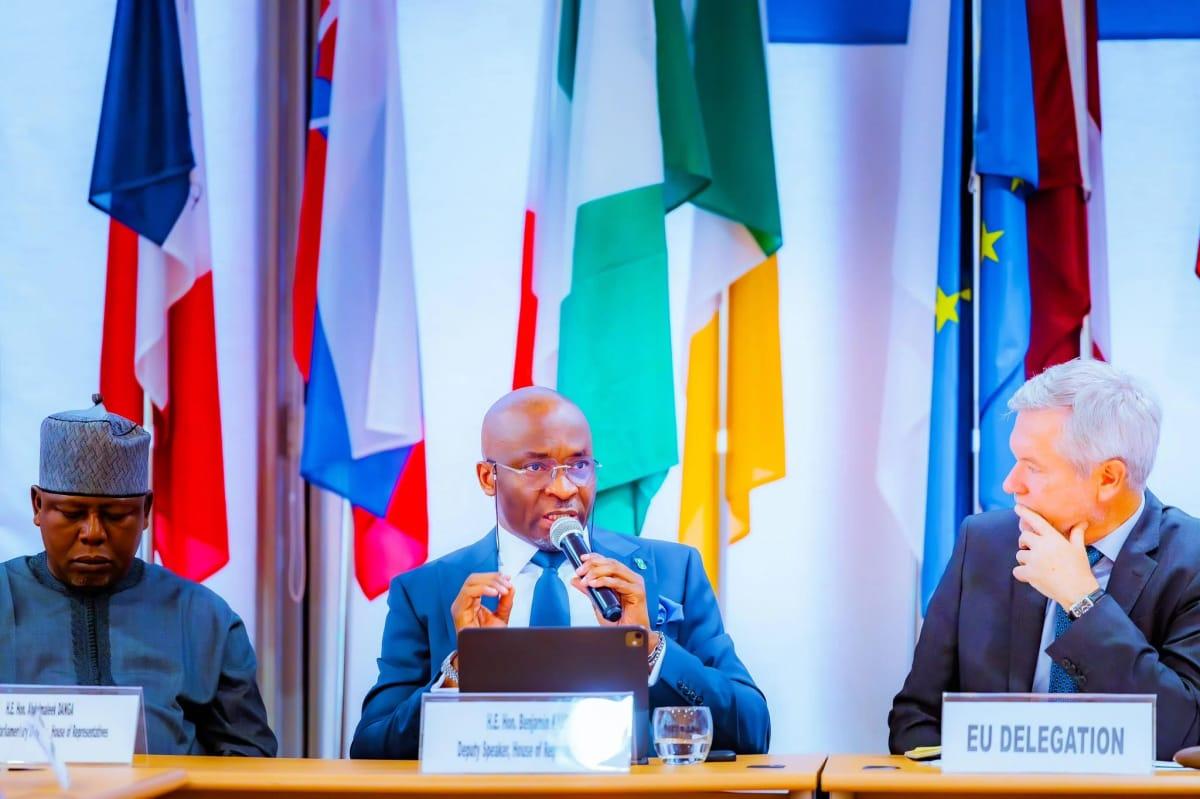House of Representatives Deputy Speaker, Benjamin Kalu (centre), engaging with the European Union delegation in Abuja on July 7, 2026.
