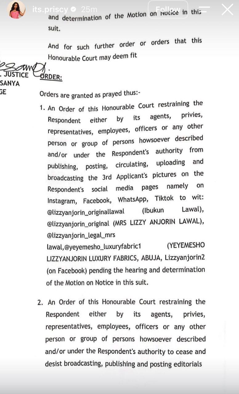 The interim injunction document specifying prohibited actions by Lizzy Anjorin.