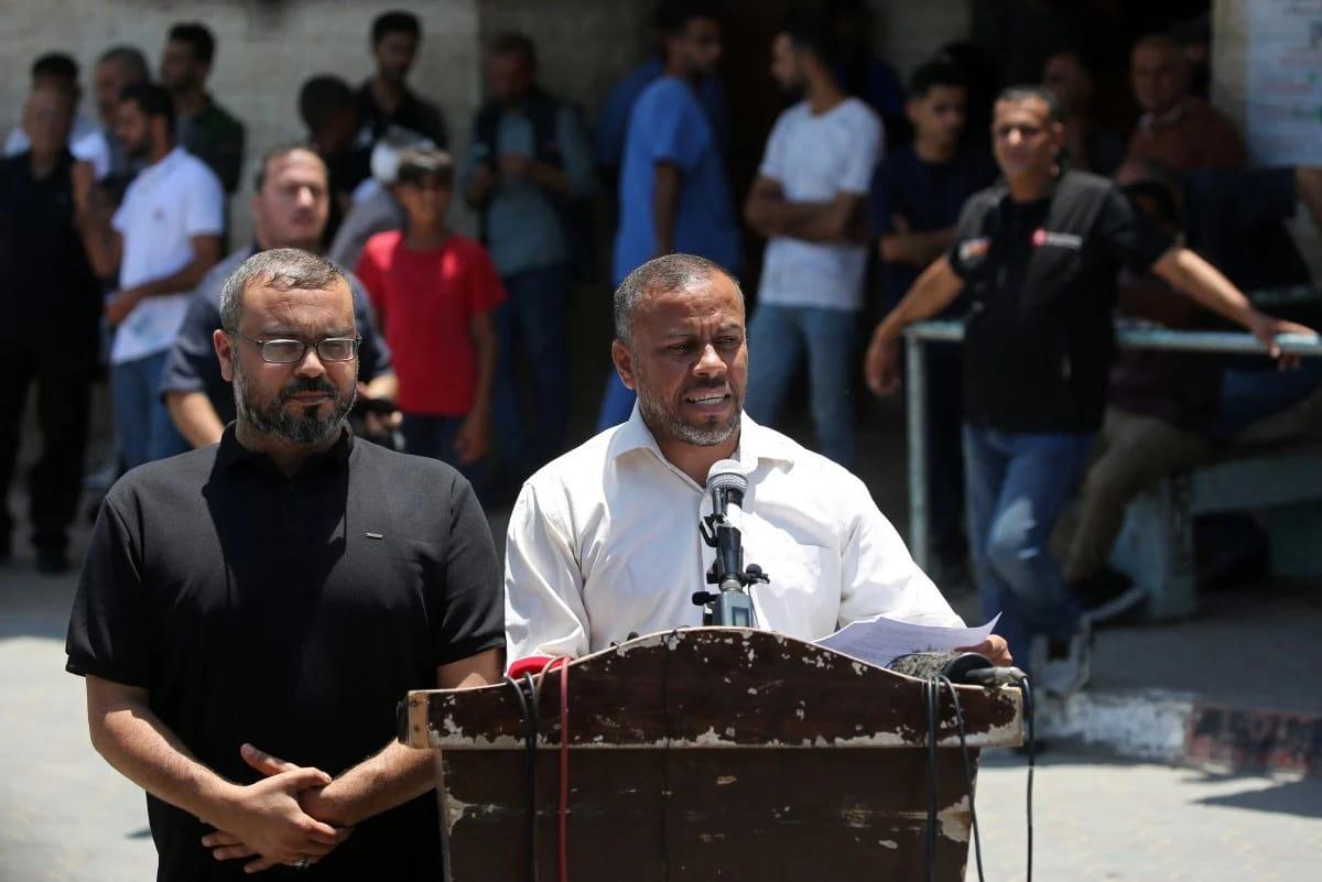 Ismail al-Thawabta, head of Hamas's government media office, addresses a press conference at Al-Aqsa Hospital in Deir al-Balah, central Gaza Strip, on July 6, 2026.