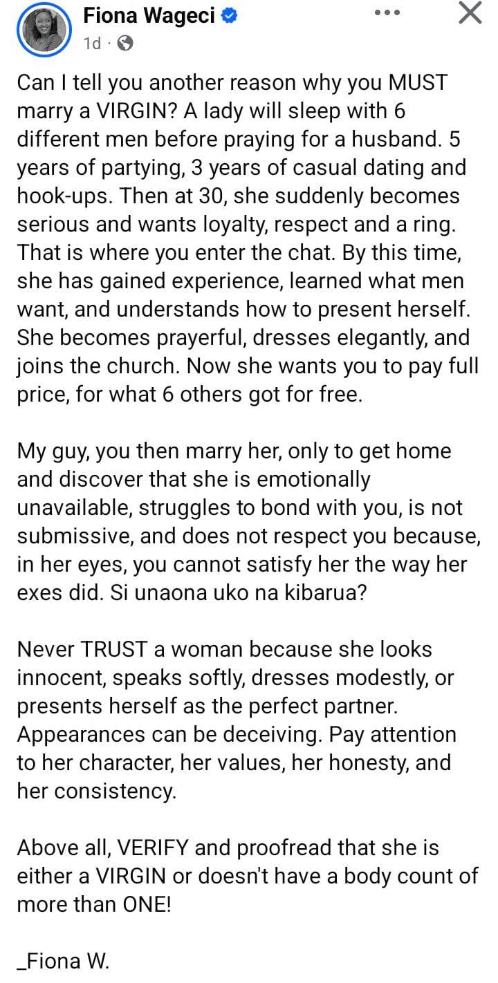 The lady's controversial advice for men regarding marriage partners.