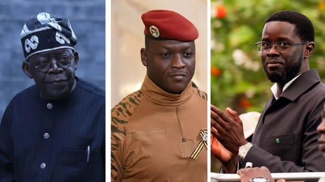 Presidents Bola Tinubu (Nigeria) and Ibrahim Traore (Burkina Faso) alongside the President of Senegal.