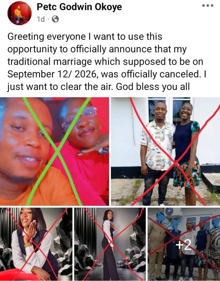 Okoye's Facebook post informing the public about his canceled wedding.
