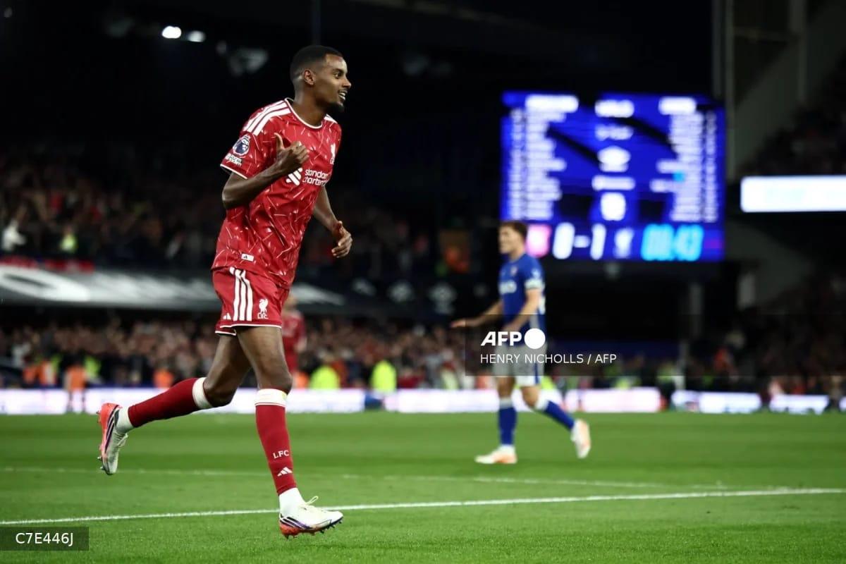 Liverpool's Swedish striker, Alexander Isak, celebrates after scoring his second goal against Ipswich Town during their Premier League encounter.