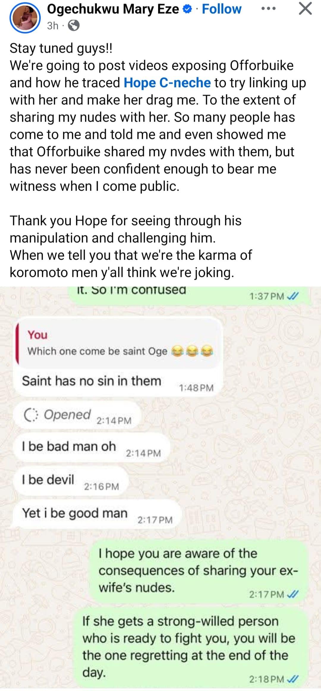 Ogechukwu Mary Eze speaking out against her estranged husband, Offorbuike.