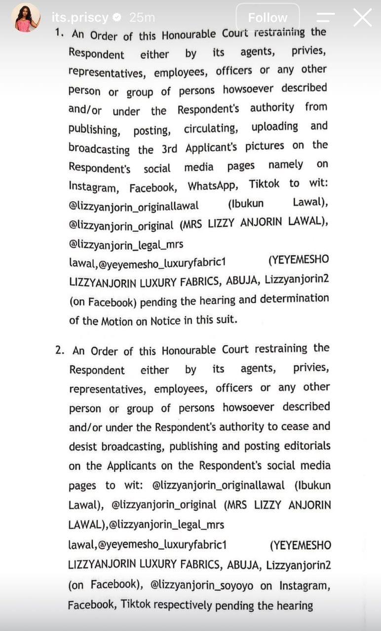 Another page of the court order shared by Priscilla Ojo online.