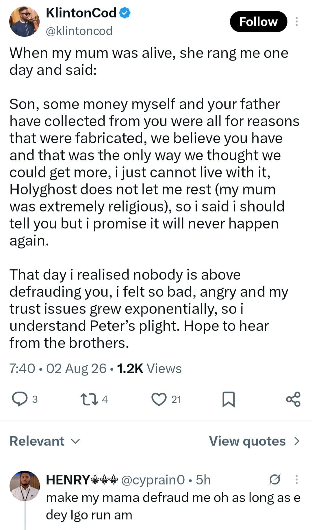 Klinton Cod shares his story on social media
