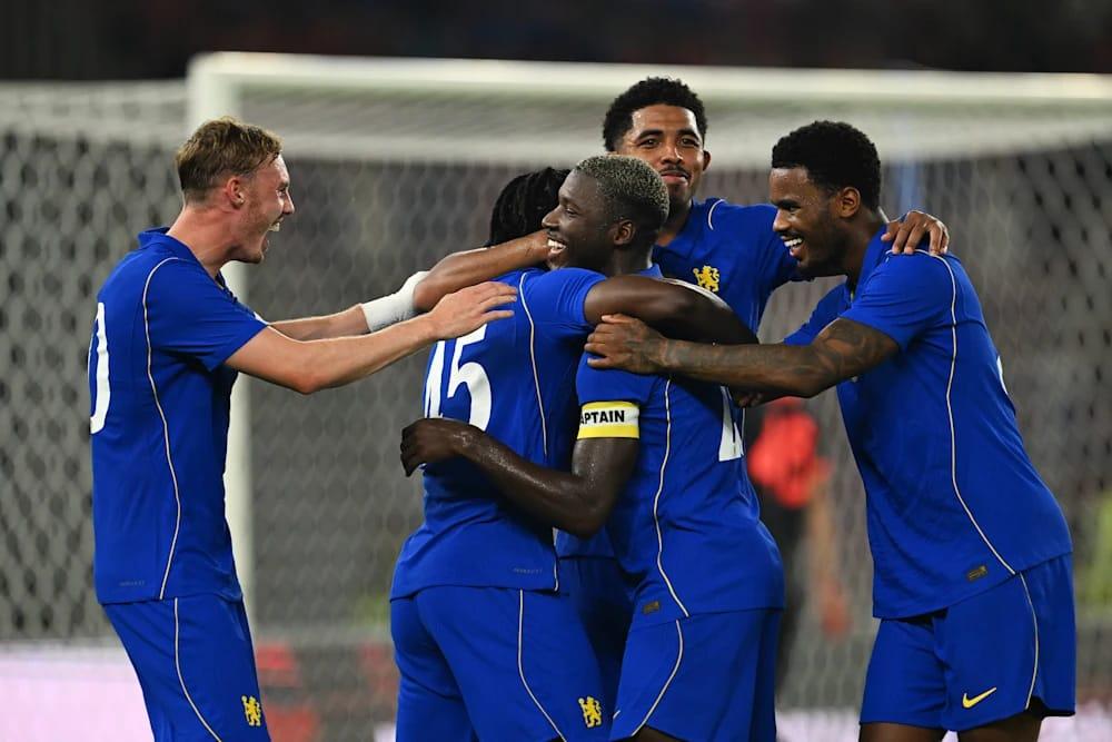 Moises Caicedo celebrates his spectacular goal with Chelsea teammates during the Indonesia Super Cup final.