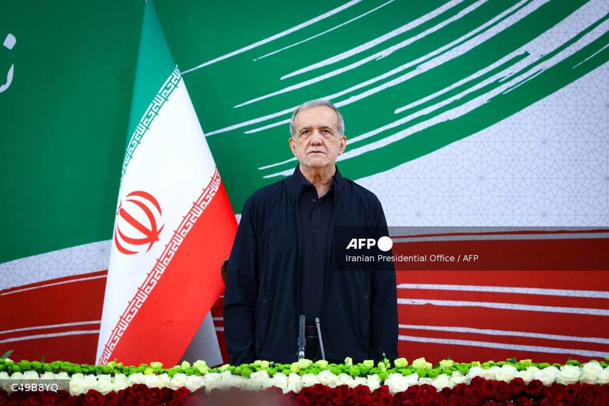 Iran's President Masoud Pezeshkian attending a press conference in Tehran