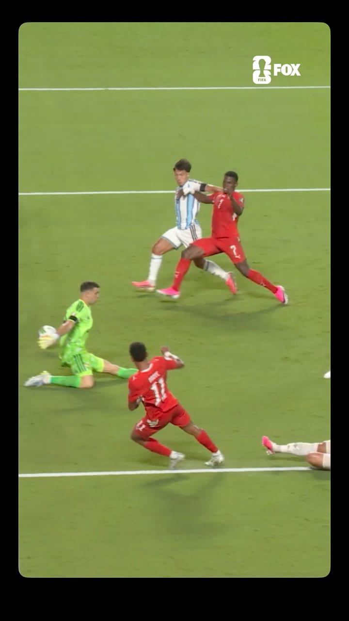 Argentina's goalkeeper Emi Martínez in action during a football match.