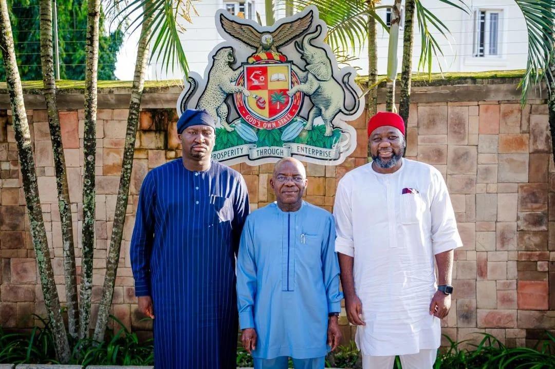 Abia State Governor Alex Otti (left) with John Uwajimogu, Special Adviser to the President on Industry, Trade and Investment, during their meeting in Umuahia.