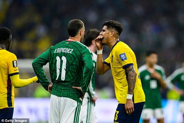 Arsenal's Piero Hincapié reacts after receiving a red card for covering his mouth during a World Cup match.