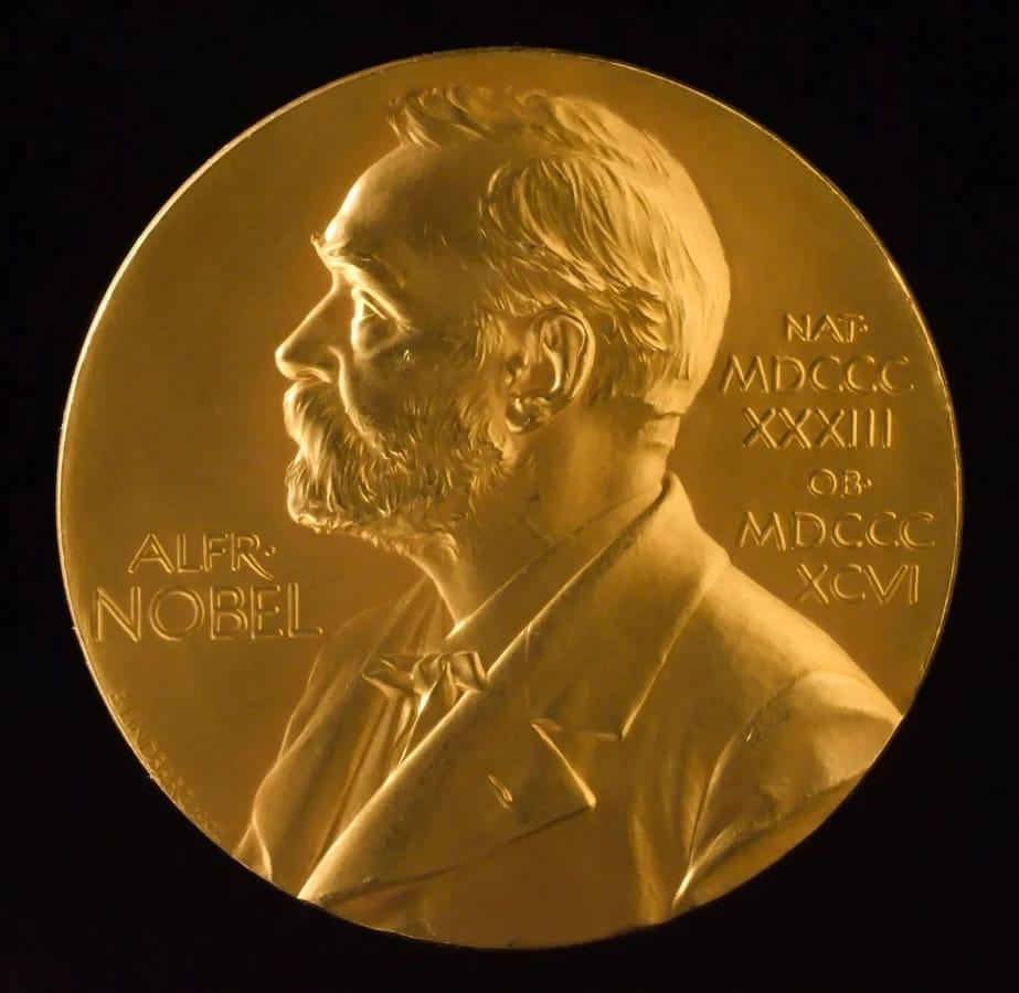 A close-up view of a Nobel Prize gold medal.