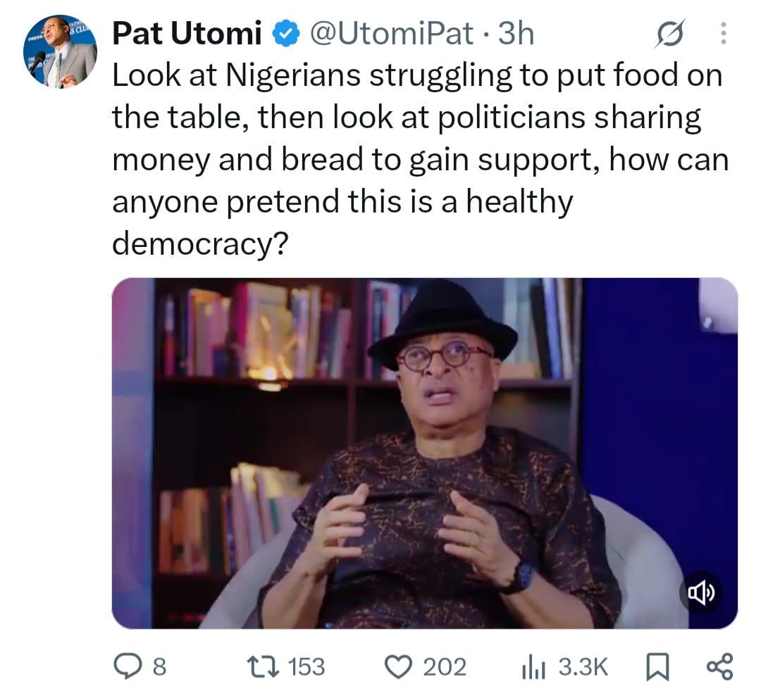 Prominent academic Pat Utomi addressing the press on Nigeria's political economy.