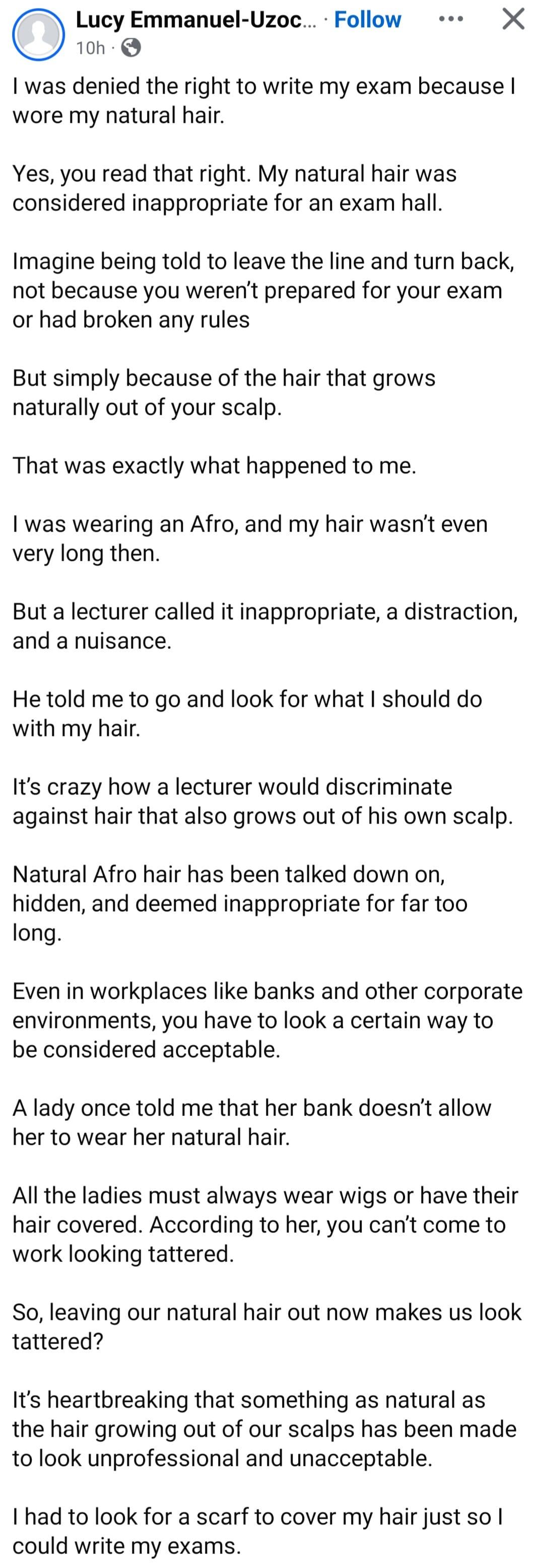 Lucy Emmanuel-Uzochukwu, who was reportedly denied entry to an exam for her natural hair.